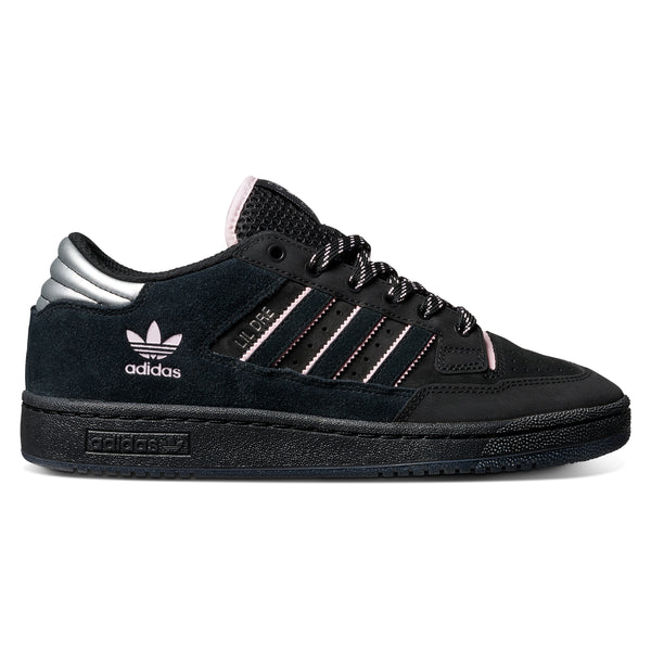 A black ADIDAS CENTENNIAL 85 LO ADV X LIL DRE sneaker with pink accents and the adidas logo on the tongue and side, designed for skateboarding.