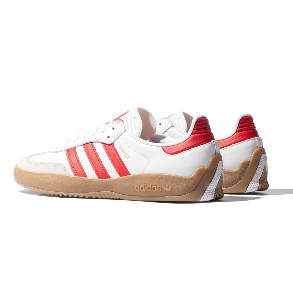 ADIDAS PUIG SAMBA ADV sneakers in flat white and better scarlet with gum soles, featuring the brand's logo on the side and heel, and a cushioned EVA midsole for enhanced comfort.