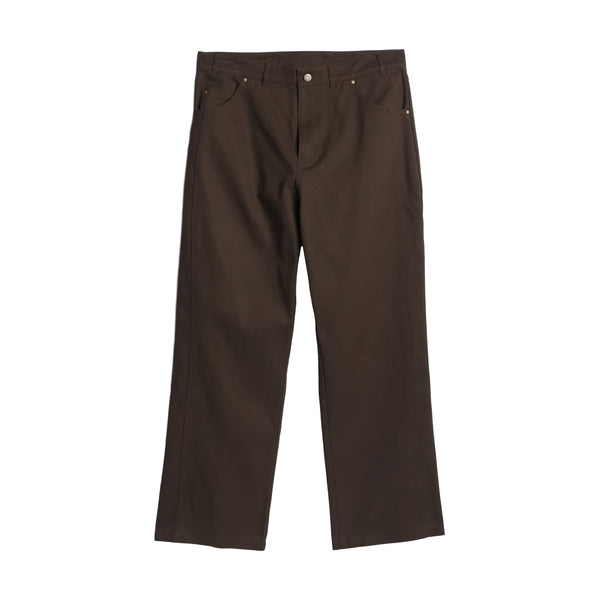 Displayed on a white background, the ADIDAS SKATEBOARDING KADER PANT DARK BROWN features a straight-leg style with front pockets and belt loops, made from 100% Cotton Denim.