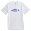 White ADIDAS SKATEBOARDING 4.0 ARCHED LOGO TEE with a blue logo, displayed on a plain background.