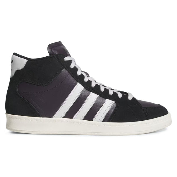A left side profile of the ADIDAS SUPERSKATE ADV CORE BLACK / CRYSTAL WHITE / OFF WHITE sneaker shows its black suede upper, white laces, three white stripes, and a white sole.
