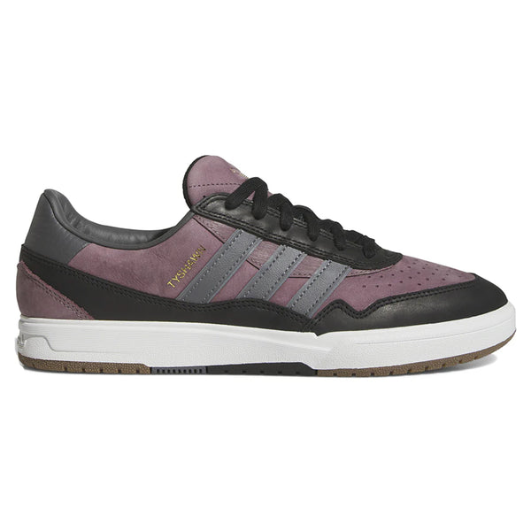 A single ADIDAS Tyshawn 2 sneaker in Night Fig, Grey, and Black, featuring a leather upper in purple and black, black laces, grey Adidas stripes on the sides, and a white sole designed for impact cushioning—making it an ideal skateboarding shoe.