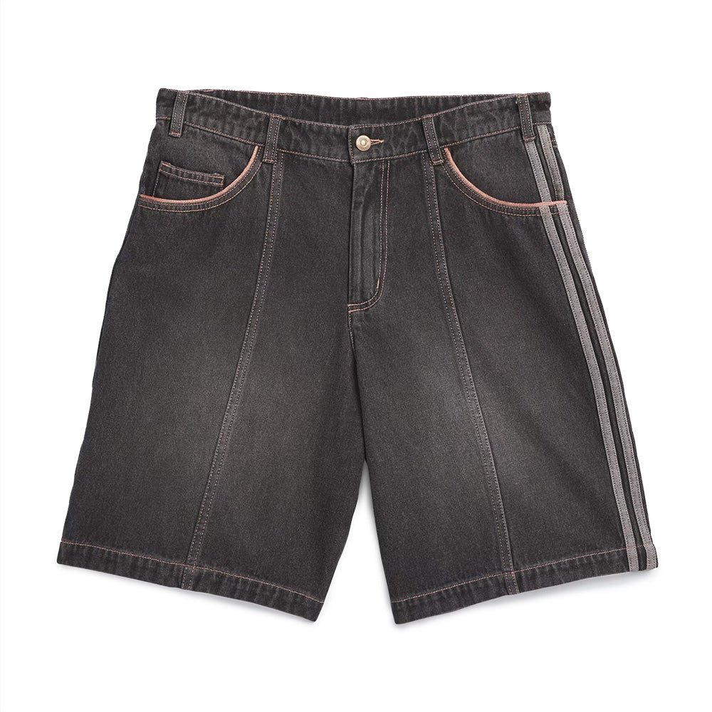 The ADIDAS Skateboarding Tyshawn Denim Short features black 100% cotton denim, front and back pockets, contrast stitching, and vertical gray side stripes—perfect for skate style.