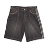 The ADIDAS Skateboarding Tyshawn Denim Short features black 100% cotton denim, front and back pockets, contrast stitching, and vertical gray side stripes—perfect for skate style.