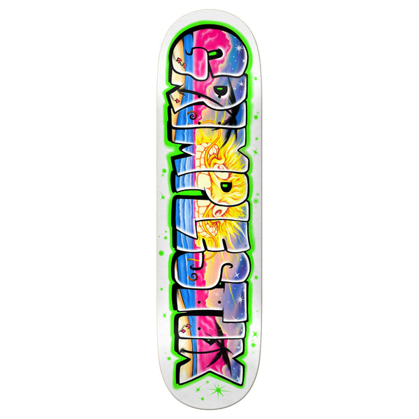 A colorful graffiti-style skateboard deck, featuring the stylized word "Simplisk" and a 9.55" width in the iconic BEACH BUM shape, part of the GRIMPLE STIX TEAM GRIMPLE BEACH series by ANTIHERO.