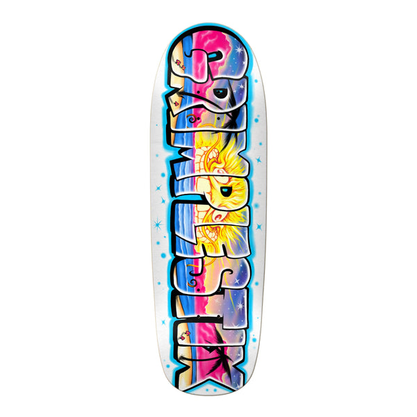 A skateboard deck featuring colorful graffiti-style artwork with the word "GRIMPLESTIX" prominently displayed, crafted as a CHRIS COPE GUEST BOARD under the name GRIMPLE STIX TEAM GRIMPLE BEACH BEACH BUM SHAPE by ANTIHERO.