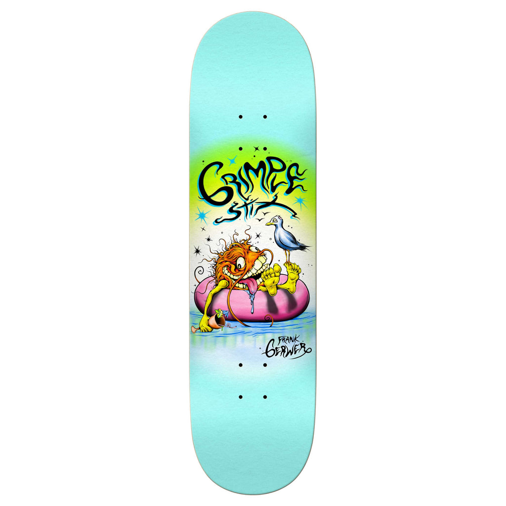 The GRIMPLE STIX GERWER GRIMPLE BEACH skateboard deck by ANTIHERO features colorful, cartoon-like artwork of a lion sitting atop a pink rock, surrounded by stars and graffiti-like text that reads "Grime Style" with the name Frank Senaus. This unique design is part of the GRIMPLE STIX collection.