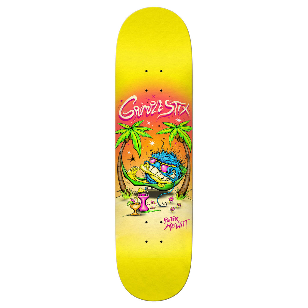 The GRIMPLE STIX HEWITT GRIMPLE BEACH deck by ANTIHERO features a yellow popsicle-shaped skateboard deck with a cartoon blue monster lounging under palm trees, complete with the text "Grimple Stix" and "Peter Hewitt," capturing the essence of Grimple Beach.