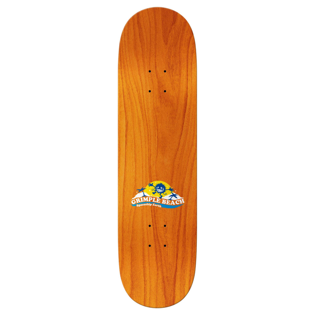 A wooden ANTIHERO GRIMPLE STIX HEWITT GRIMPLE BEACH skateboard deck featuring a "Grimple Beach" logo in the center with a graphic of a grinning creature. The deck boasts a smooth finish and pre-drilled holes for trucks.