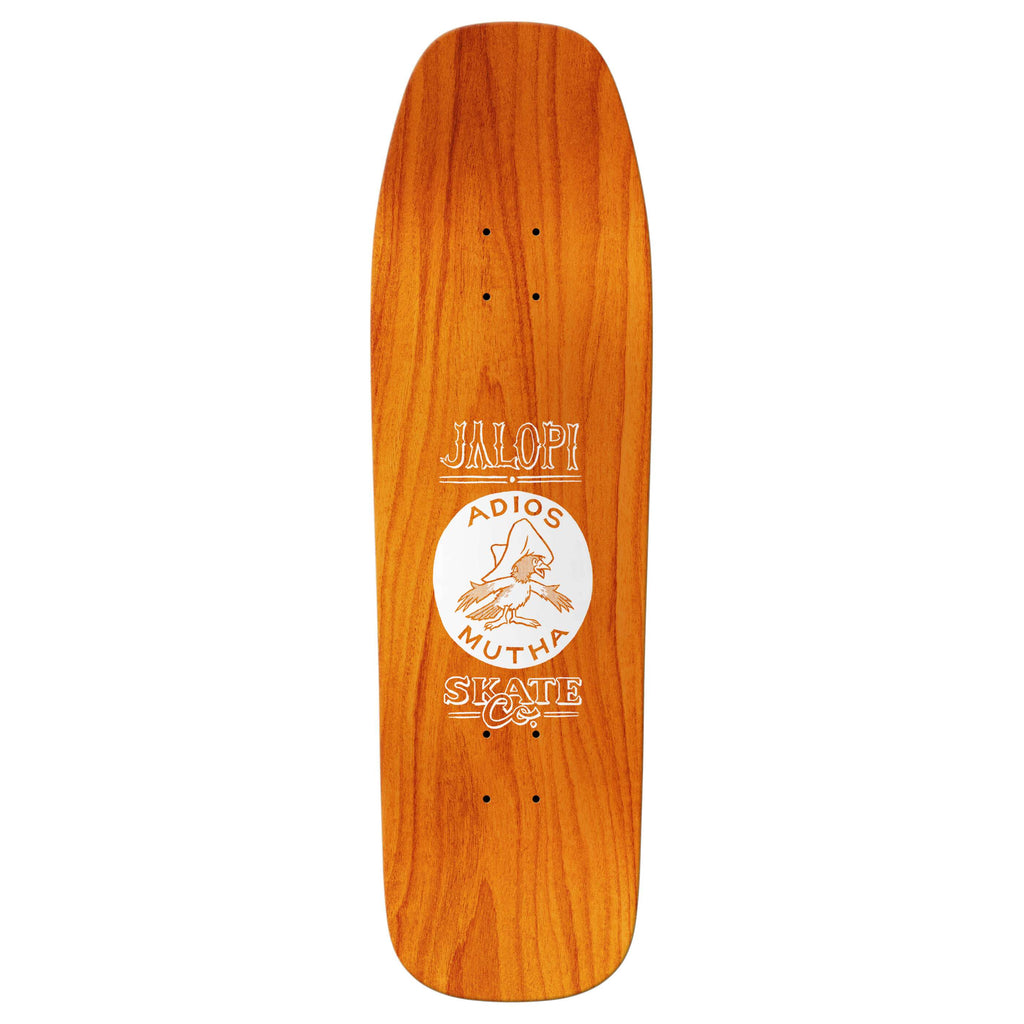 This ANTIHERO skateboard deck, named B.A. Jalopi Return Wheel Wells, showcases the text "Jalopi Adios Muth" alongside a striking pelican graphic prominently displayed at its center.