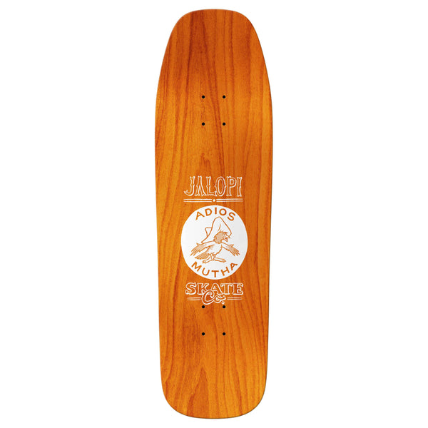 This ANTIHERO skateboard deck, named B.A. Jalopi Return Wheel Wells, showcases the text "Jalopi Adios Muth" alongside a striking pelican graphic prominently displayed at its center.