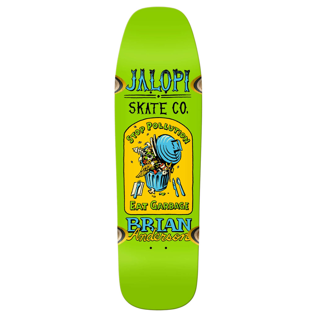 The ANTIHERO B.A. Jalopi Return Wheel Wells skateboard deck showcases a "Jalopi Skate Co." text on a green backdrop. Its eye-catching central graphic features a blue trash can with the slogan "Stop Pollution, Eat Garbage," accompanied by "Brian Anderson" inscribed at the bottom. The enhanced wheel wells offer improved stability and add to its stylish design.