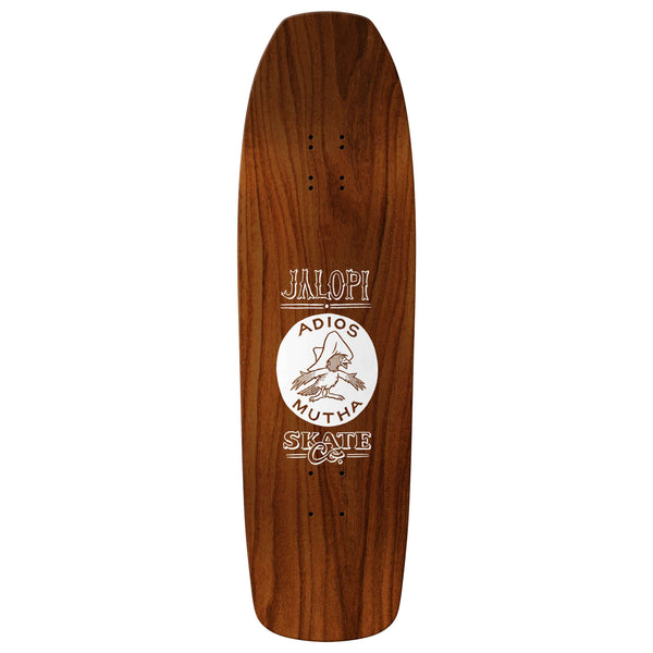 The ANTIHERO GROSSO JALOPI RETURN wooden skateboard deck showcases "Jalopi Adios Muth" and an eagle design in white.