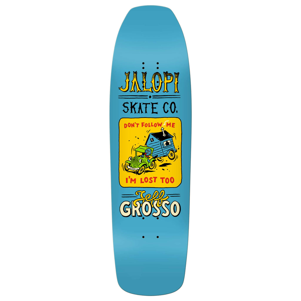 ANTI HERO's Grosso Jalopi Return skateboard deck showcases a blue design with "Jalopi Skate Co." text, featuring a graphic of a green car and house adorned with the phrase "Don't follow me, I'm lost too," and proudly highlights "Jeff Grosso" below. At 8.25" in width, this board embodies the adventurous spirit of ANTI HERO seekers.