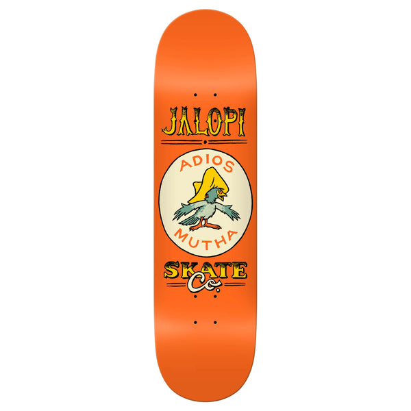 The ANTIHERO JALOPI RETURN skateboard deck boasts an orange design showcasing a whimsical bird wearing a hat, accompanied by the phrases "Jalopi," "Adios Mutha," and "Skate Co." This unique deck from ANTI HERO is ideal for skaters who embrace style and flair.