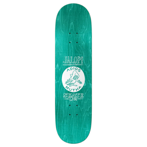 Green skateboard deck with a white circular graphic of a bird wearing a sombrero, capturing the bold essence of ANTIHERO and featuring the text "Jalopy Adios Mutha Skate Co." The design resonates with classic skateboard culture, aligning with the style of the ANTIHERO JALOPI RETURN.