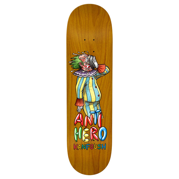 The ANTIHERO KANFOUSH BOZOS TRUE FIT wooden skateboard deck, sized at 8.38", features a colorful cartoon of a clown holding a decapitated head. The text "Anti Hero" and "Kanfoush" is written below, making it a standout ANTIHERO skateboard for any collection.