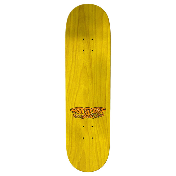 Introducing the ANTIHERO KANFOUSH BOZOS TRUE FIT skate deck in yellow, featuring a graphic of wings and text that reads "Two Roses LA, CA 1980" near one end. This ANTIHERO deck is expertly crafted using TRUE FIT MOLD technology for superior performance.