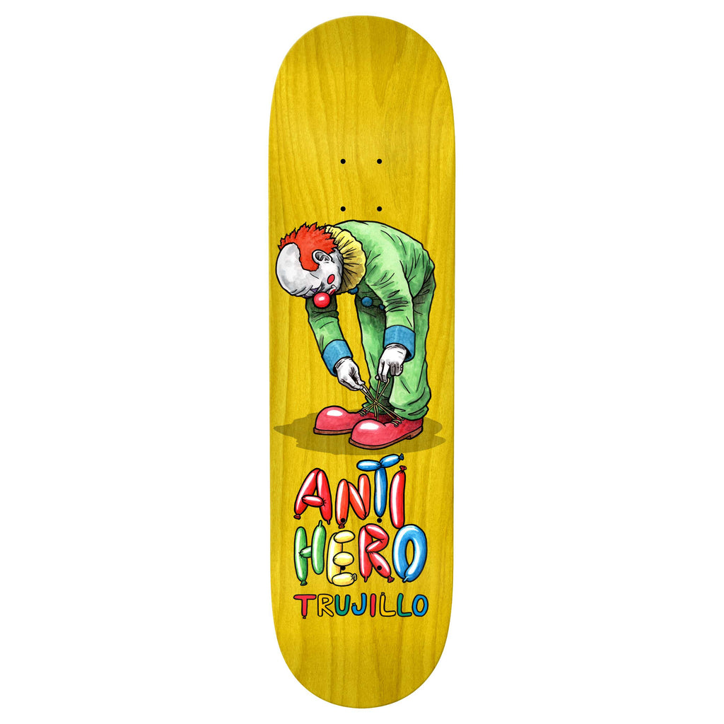 Yellow 8.25" skateboard deck branded as ANTIHERO TRUJILLO BOZOS, featuring an illustration of a sad clown tying shoelaces with the text "ANTIHero Trujillo" printed below in colorful letters.