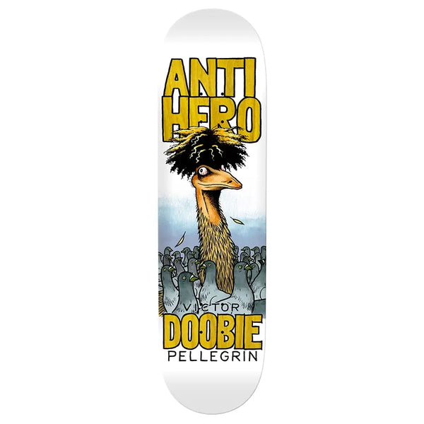 A skateboard with the words Antihero Doobie on it, showcasing various stains.