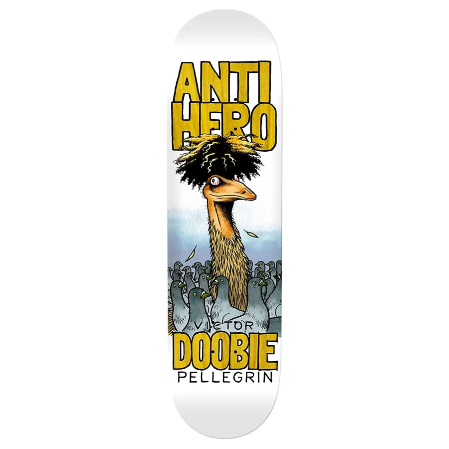 A skateboard with the words Antihero Doobie on it, showcasing various stains.