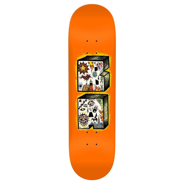 An ANTIHERO B.A. STACKED skateboard deck, 8.25" width, featuring a central graphic with two large, decorated dice showcasing various colorful symbols and designs.