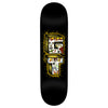 The ANTIHERO GRANT STACKED skateboard deck, with an 8.38" width, showcases a striking black background adorned with a vibrant graffiti-like design. The letters "E" and "T" stand out among various small illustrations and symbols, making it a standout addition to any skater's collection.