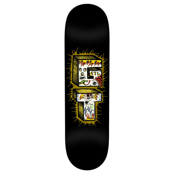 The ANTIHERO GRANT STACKED skateboard deck, with an 8.38" width, showcases a striking black background adorned with a vibrant graffiti-like design. The letters "E" and "T" stand out among various small illustrations and symbols, making it a standout addition to any skater's collection.