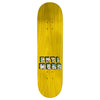 The ANTIHERO GRANT STACKED skateboard deck, in an 8.38" width, features a yellow wooden design with a colorful graphic of multiple small images in the center, combining style and functionality for your skateboarding adventures.