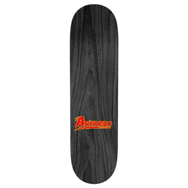 A ANTIHERO skateboard with an orange logo and 8.5 x 31.8 dimensions.