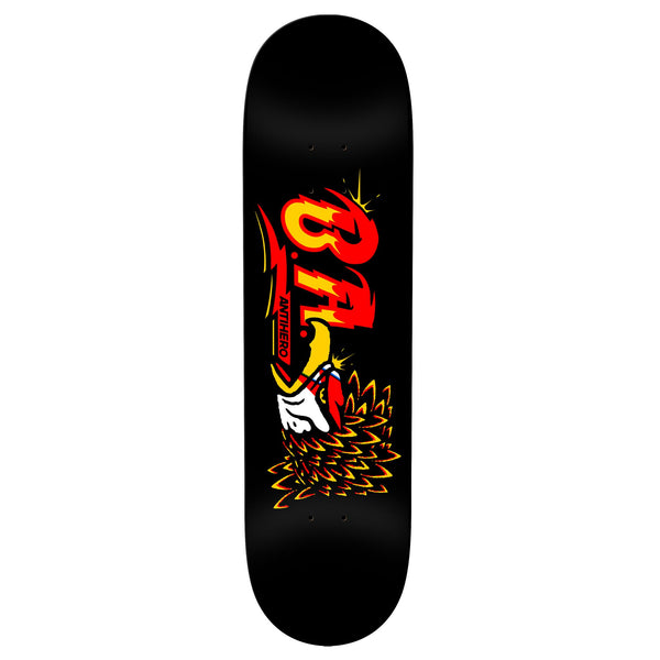 A ANTIHERO skateboard featuring a skull and flames design, measuring 8.5 x 31.8 inches and inspired by SPACE ODYSSEY.