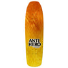 Celebrate Skate Shop Day with the ANTIHERO x SKATE SHOP DAY X GROSSO X LANCE MOUNTAIN skateboard deck, showcasing a gradient orange and yellow wood finish with "ANTI-HERO" emblazoned in bold black letters—a tribute to Grosso's legendary spirit.