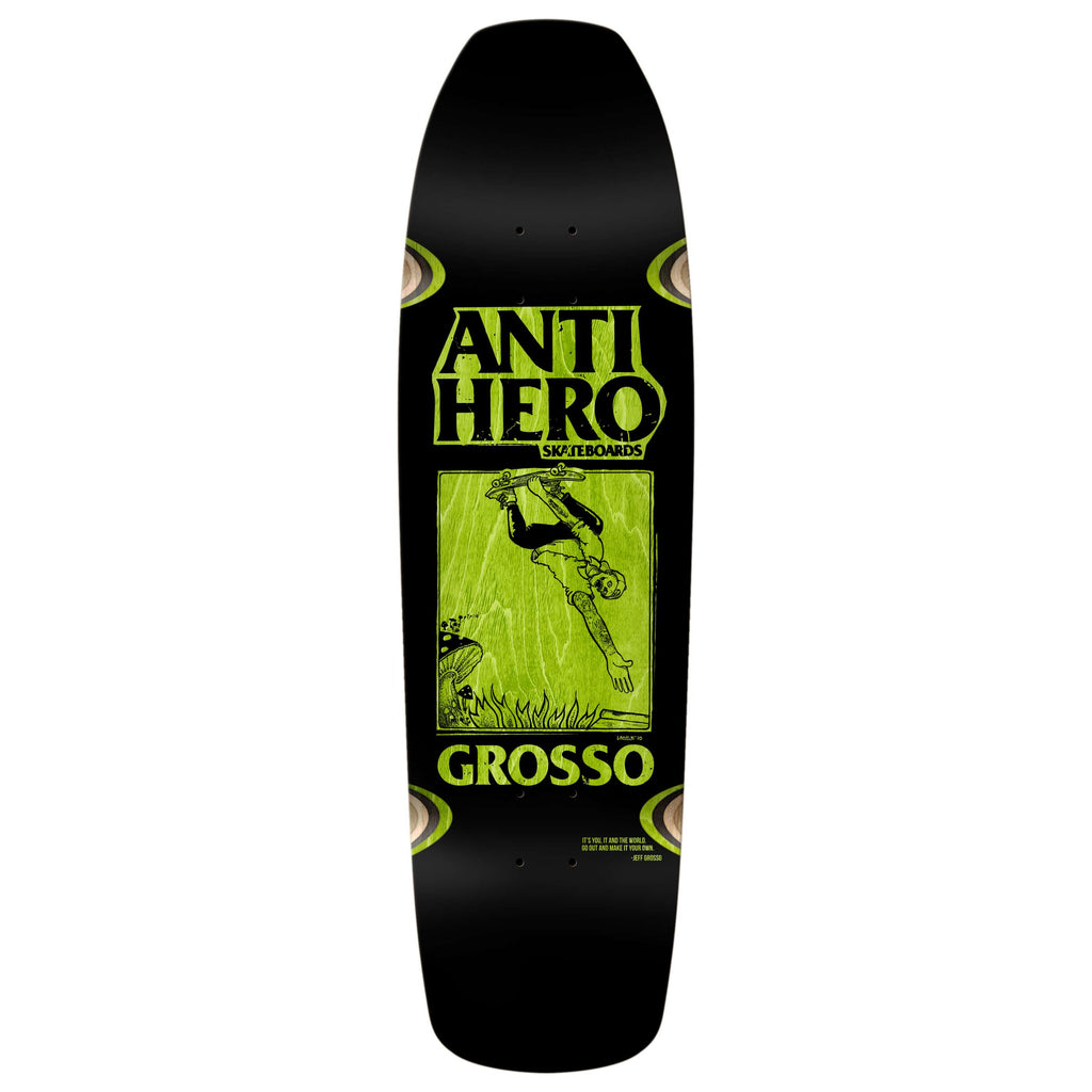 Celebrate Skate Shop Day with the ANTIHERO x SKATE SHOP DAY X GROSSO X LANCE MOUNTAIN BLACK deck, featuring a green graphic of a skateboarder and dog and emblazoned with "Anti Hero Skateboards" and "Grosso," capturing the essence of skate culture.