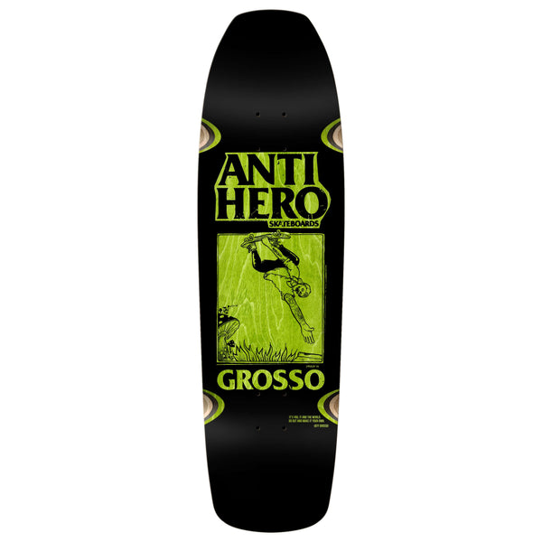 Celebrate Skate Shop Day with the ANTIHERO x SKATE SHOP DAY X GROSSO X LANCE MOUNTAIN BLACK deck, featuring a green graphic of a skateboarder and dog and emblazoned with "Anti Hero Skateboards" and "Grosso," capturing the essence of skate culture.