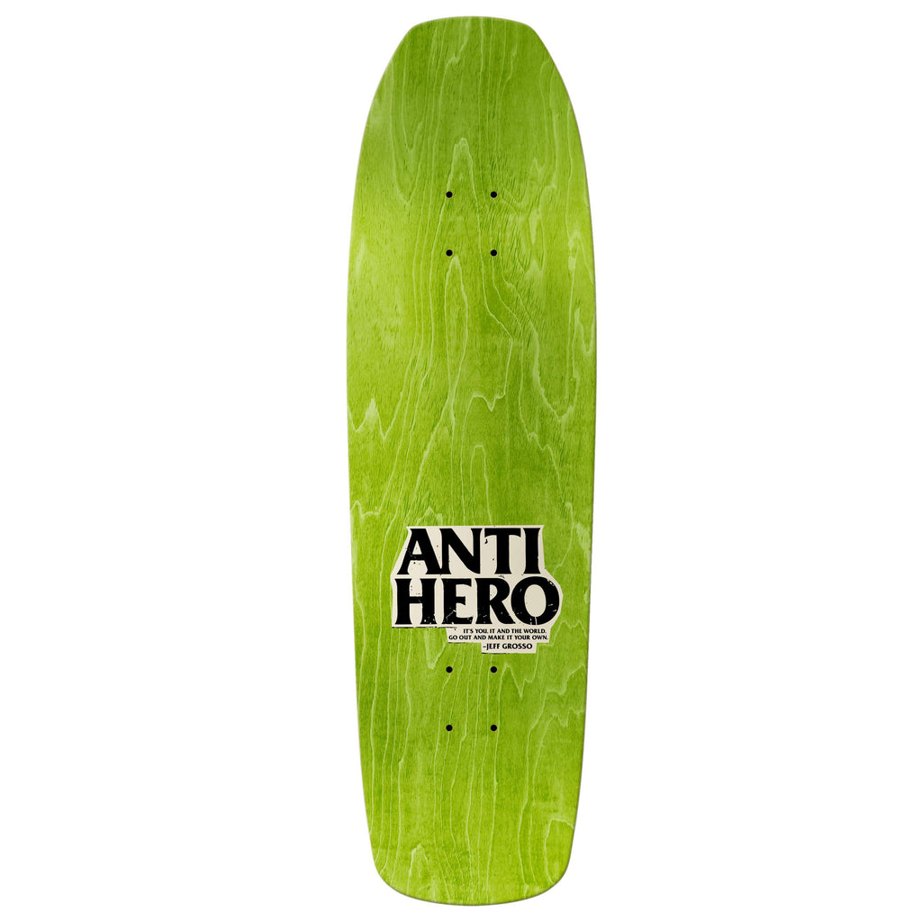 The ANTIHERO x SKATE SHOP DAY X GROSSO X LANCE MOUNTAIN BLACK skateboard deck showcases the iconic "ANTI-HERO" logo in black and white near the bottom center, perfect for celebrating Skate Shop Day.
