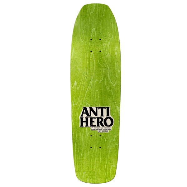 The ANTIHERO x SKATE SHOP DAY X GROSSO X LANCE MOUNTAIN BLACK skateboard deck showcases the iconic "ANTI-HERO" logo in black and white near the bottom center, perfect for celebrating Skate Shop Day.