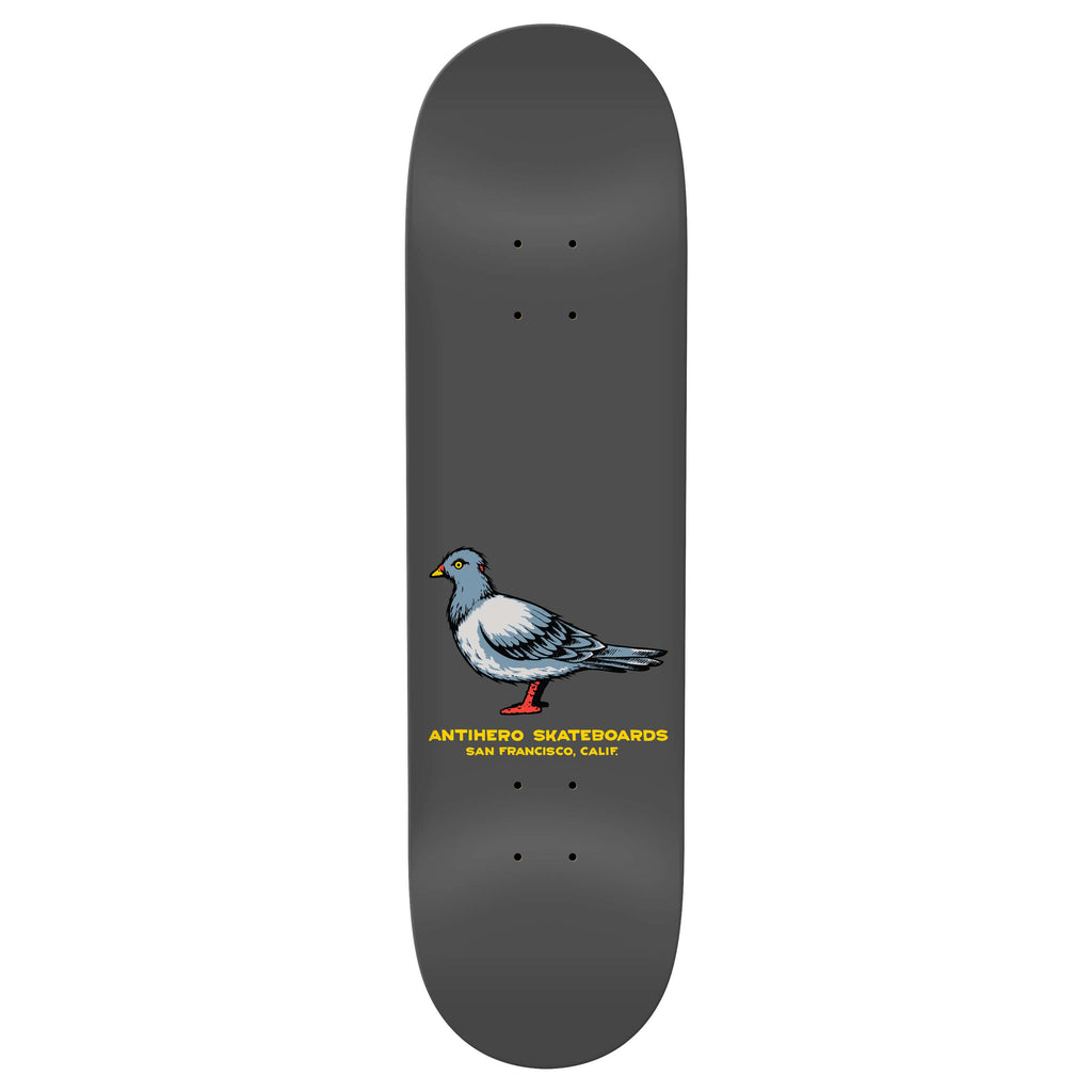 The ANTIHERO TEAM PIGEON GREY skateboard deck showcases a captivating pigeon graphic along with the "ANTI-HERO Skateboards San Francisco, Calif" logo. Perfect for riders who favor a shorter wheelbase, this deck seamlessly combines style and performance.