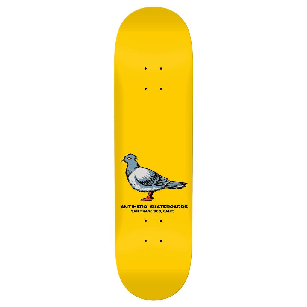 A gold skateboard deck featuring a TEAM PIGEON illustration and the text "ANTI HERO Skateboards San Francisco, Calif.