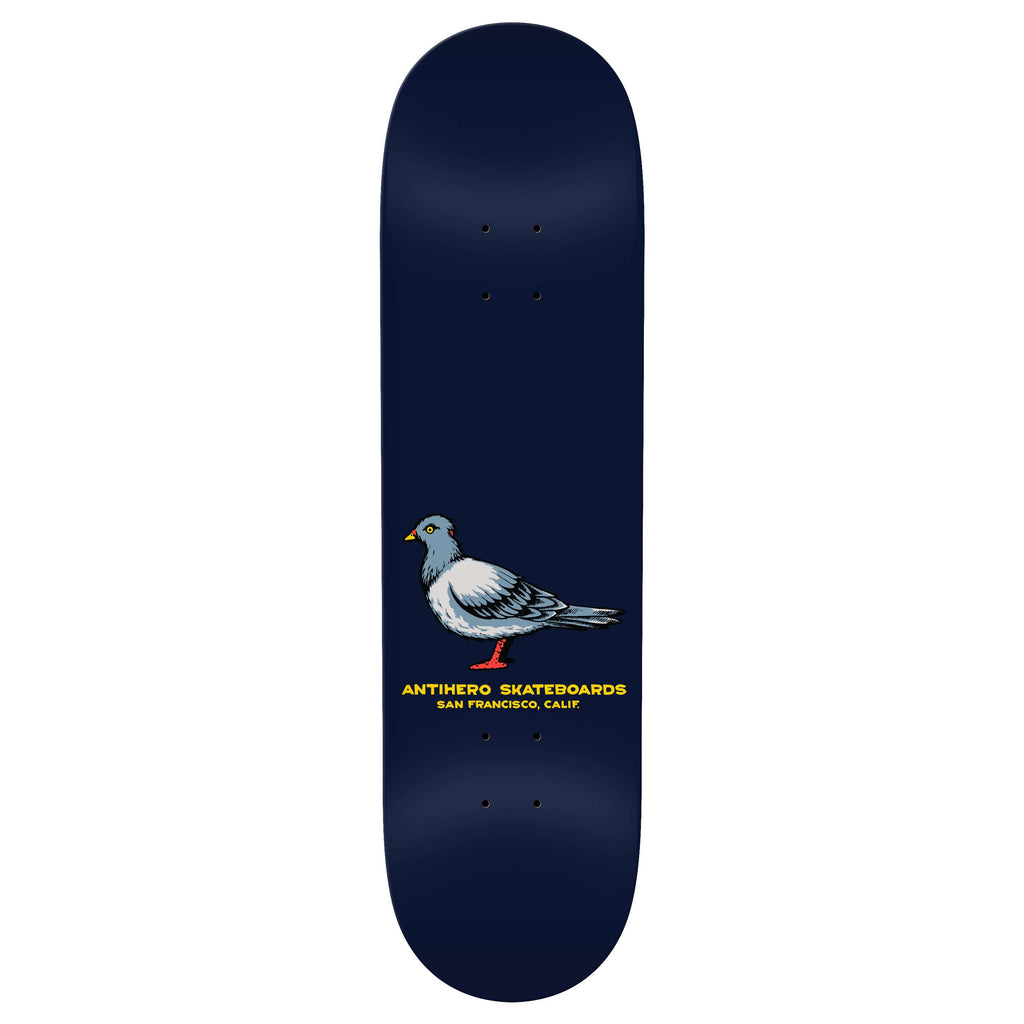 The ANTIHERO TEAM PIGEON NAVY skateboard deck showcases a pigeon graphic from the collection, featuring the text "ANTI HERO SKATEBOARDS SAN FRANCISCO, CALIF." on a navy backdrop with a shorter wheelbase designed for agile maneuvers.