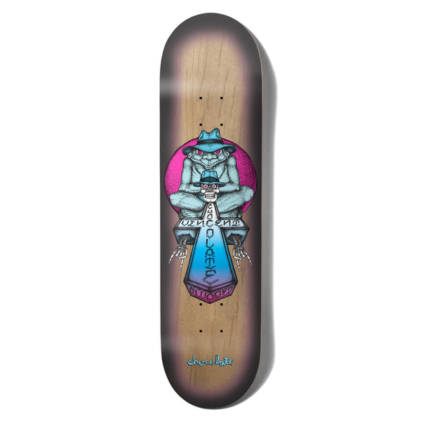 A CHOCOLATE ALVAREZ SAPO ONE OFF skateboard with a blue and blue design on it.