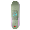 A CHOCOLATE skateboard with a blue and purple design on it.