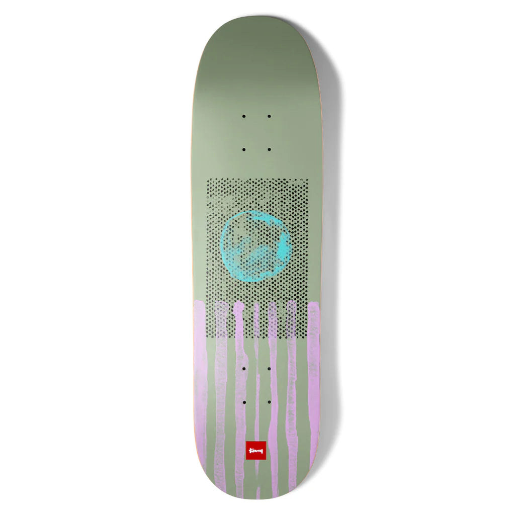 A CHOCOLATE skateboard with a blue and purple design on it.
