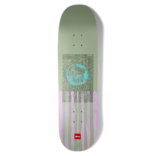 A CHOCOLATE skateboard with a blue and purple design on it.