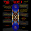 The POWELL PERALTA FLIGHT ANDY ANDERSON HERON 2 skateboard deck features a blue background with a skull and wings graphic, plus labeled details about its shape, size, and specs. Crafted by POWELL PERALTA.