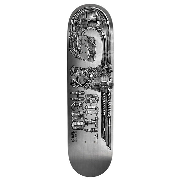 The ANTIHERO GT REVVINGTON GREY is an 8.25 inch skateboard deck by ANTIHERO, featuring a metallic-mechanical design with engine parts, "ANTI HERO" and "SPRITZ SYMULA" text on a sleek silver background.