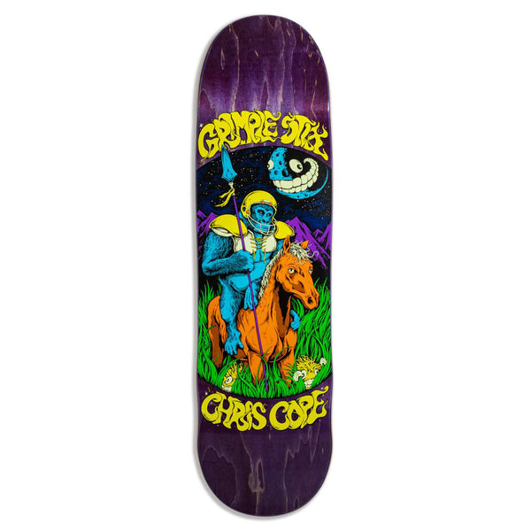 Introducing the GRIMPLE STIX CHRIS COPE GUEST BOARD CUSTOM SHAPE by ANTIHERO: This skateboard deck boasts a vibrant graphic depicting a blue-skinned character riding an orange horse against a starry night sky, emblazoned with the text "GIMME SKEL CHRIS COPE." The deck features a twin-nose shape for versatile riding, truly capturing the essence of GRIMPLE STIX.