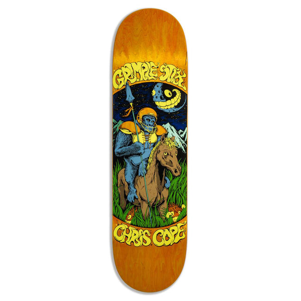 Here's a revised version of the sentence:

The GRIMPLE STIX CHRIS COPE GUEST BOARD by ANTIHERO is a custom-shaped skateboard deck adorned with vibrant artwork of a blue skeleton in armor riding a horse, complete with the text "Grimple Stix" and "Chris Cole.