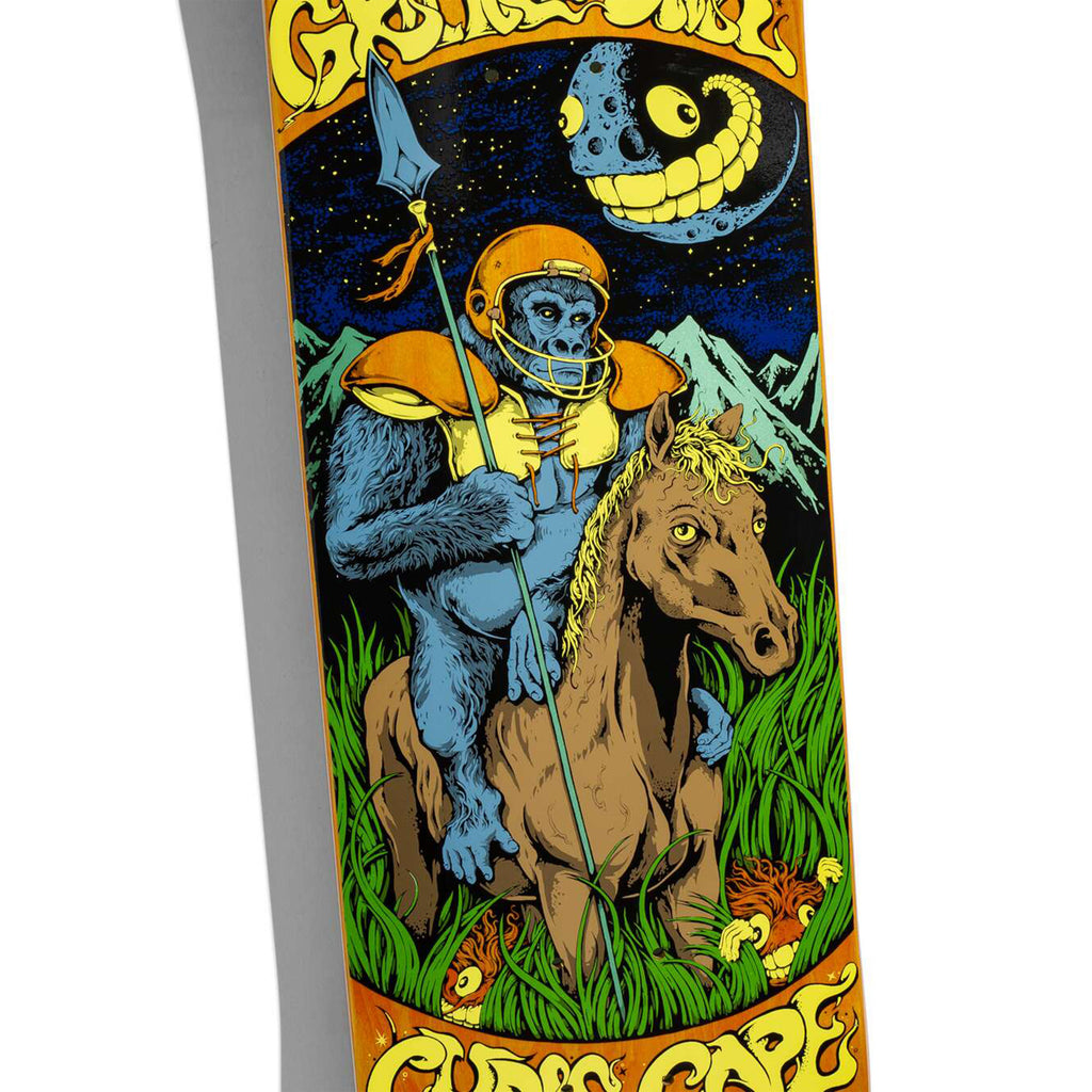 A colorful illustration by Chris Cope, featured on the GRIMPLE STIX CHRIS COPE GUEST BOARD by ANTIHERO, depicts a blue gorilla in armor holding a spear while riding a brown horse in a grassy field. The scene is set against a mountainous night sky and features a smiling moon in the background, reminiscent of the whimsical style seen on GRIMPLE STIX decks.