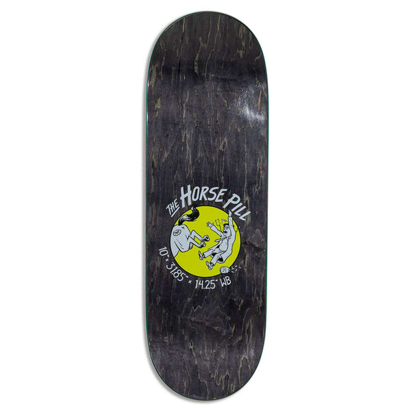 This ANTIHERO CLASSIC EAGLE HORSE PILL skateboard deck boasts a width of 8.75" and a dark wood finish, featuring a graphic of a pill and a person falling. The design includes the text "The Horse Pill" along with the numbers "10-30-85" and "HA25 WB," reminiscent of an iconic ANTI HERO Trujillo style.