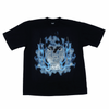 boxy black t shirt with blue old school style flames. A bird is flying in the center of the graphic with a faded skull in the background